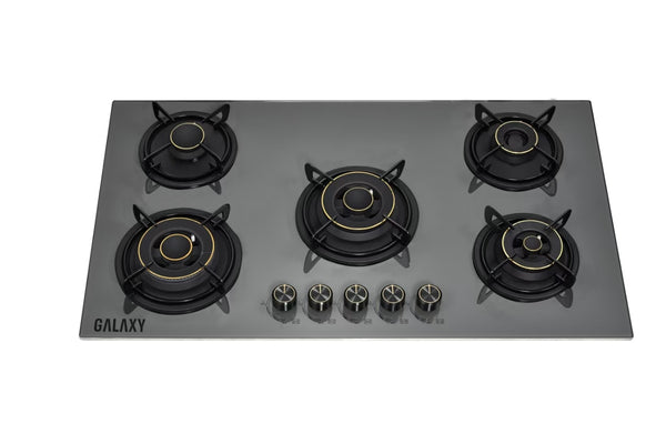 طباخ بلد ان كلاكسي زجاج 90 سم 5 مشاعل نوزل عيون نحاس مقدحة مشعلين كبيرين رمادي